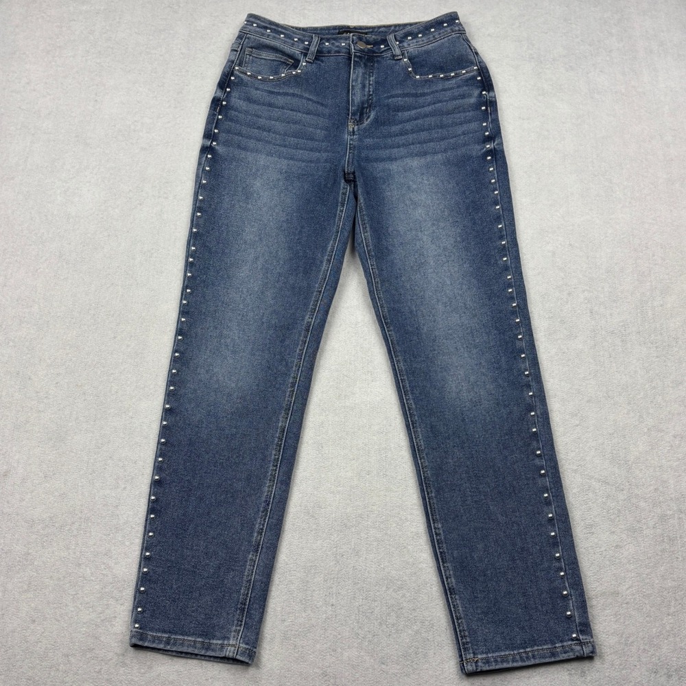 Cache Jeans Womens 27 Blue Denim High Rise Straight Leg Silver Studded Pants